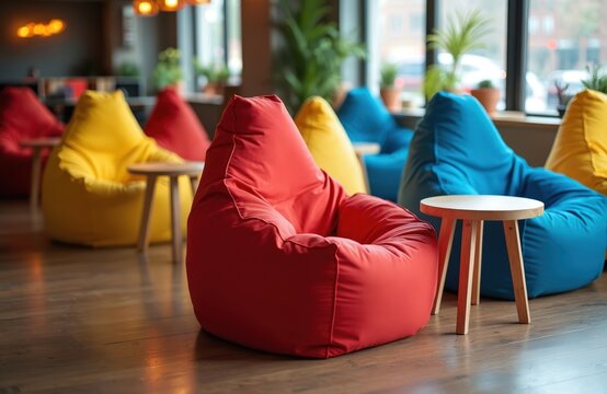 Colorful lounge area with bean bags, tables. Bright interior provides comfortable workplace. Modern space designed for team collaboration. Creative zone encourages relaxation. Flexible seating makes