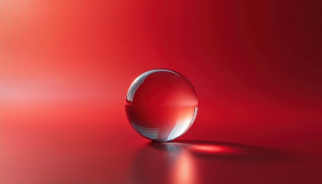 Transparent glass sphere on red background. Clear crystal ball reflects light. Abstract artistic concept for design. Minimalistic composition features a glossy orb casting a shadow.