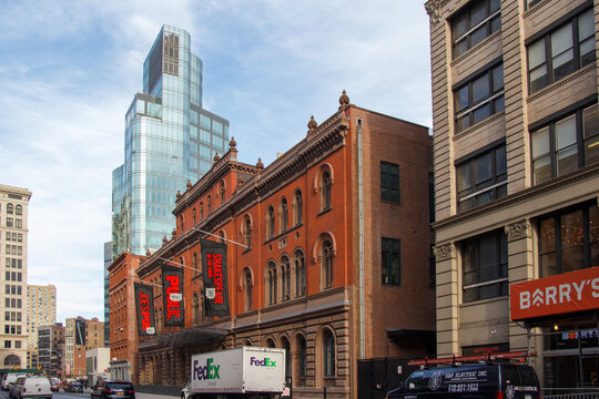 Public Theater Astor library and modern office tower building Astor Place tower, NOHO, Manhattan,  New York City, USA