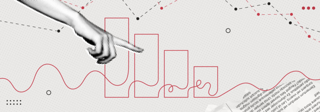 Trendy Halftone Collage Red Downtrend Graph. Hand and business decline chart. Continuous one line drawing of graph decrease. Crisis and despair. Investment losses. Contemporary vector illustration art