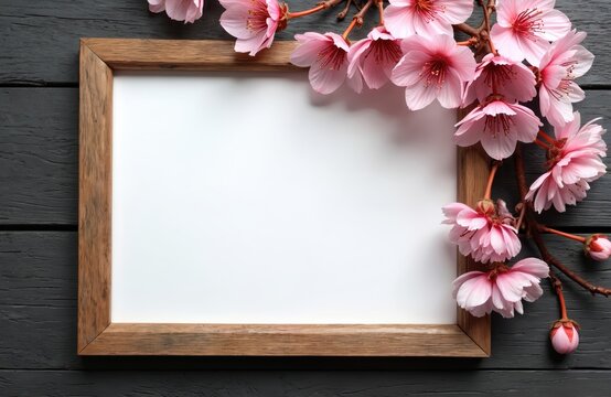 Blank wooden frame with pink cherry blossoms on dark wood background. Perfect for spring announcements invitations or personal photos. Copy space available for custom text.