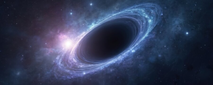 Cosmic black hole distorts spacetime. Light bends around, creating visual effect. Space exploration concepts. Perfect for astrophysics books, educational content about universe anomalies, quantum