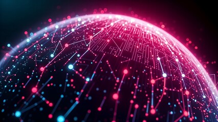 digital globe with neon network particle connections forming a web across its surface, nodes and lines