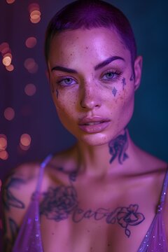 A woman with a shaved head and visible tattoos poses confidently, showcasing her unique beauty. Colorful lights create a vibrant atmosphere, highlighting her facial features and expressions