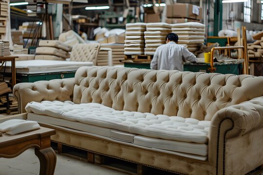 In a bustling furniture workshop, a skilled craftsman works on upholstery details while a tufted couch is prominently displayed. The workshop features various materials and tools - Powered by Adobe