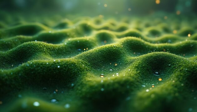 Closeup of green textured surface with wavy pattern. Nature backdrop with moss, water drops, soft light. Abstract organic design for wallpaper graphic art. Eco friendly concept with vibrant green