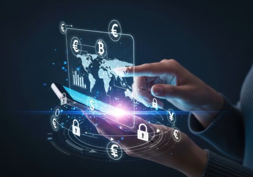 Global financial technology concept with hands interacting on a futuristic mobile interface showing cryptocurrency, data, and security.