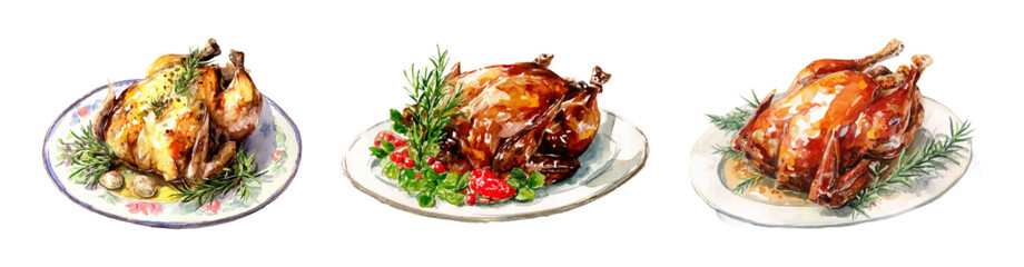 Watercolor set of baked chicken. Festive chicken carcass baked with spices on a plate with lettuce leaves. Festive Christmas cooked poultry. The main meat dish of the festive table.
