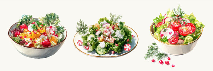 Collection of watercolor illustrations with fresh vegetable salads in bowls. Hand drawn healthy dishes with lettuce, tomatoes, radish, broccoli, corn and herbs.