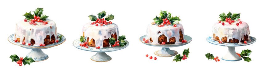 Watercolor set of Christmas cakes. Baked pies covered with white sugar icing and decorated with holly berries. Christmas sweet pastries. Festive cakes for Christmas celebrations.