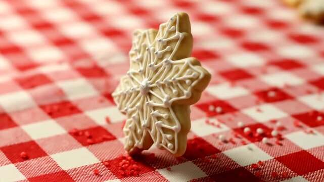 Decoratively iced snowflake cookie on a red checkered tablecloth, festive holiday setting