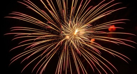 Fototapeta premium Close-up of a golden and red firework exploding against a black night sky. A dynamic, abstract image of celebration and excitement. Perfect for New Year's Eve and holiday backgrounds.
