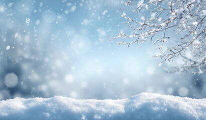 a beautiful background of snow and snowflakes, with a blurred light blue sky the foreground is covered by large white snow drifts Generative AI