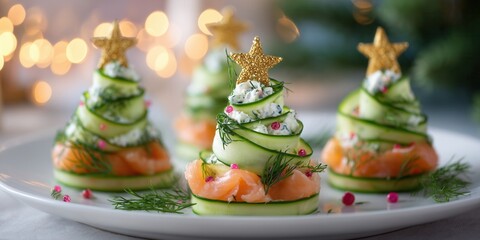 Elegant holiday canape made from thinly sliced cucumber ribbons, smoked salmon, cream cheese and dill, decorated with a festive golden star. Light and stylish party finger food.