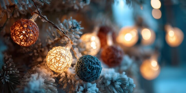 Colorful string of Christmas lights glowing warmly in dark, shallow depth of field. Celebration, nostalgia and warmth of holiday evenings in soft focus.