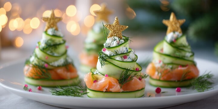 Elegant holiday canape made from thinly sliced cucumber ribbons, smoked salmon, cream cheese and dill, decorated with a festive golden star. Light and stylish party finger food.