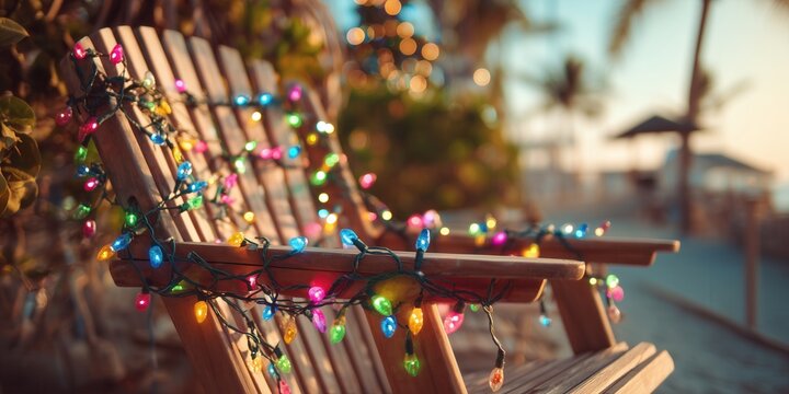 A wooden deck chair wrapped in colorful Christmas lights, set on a tropical terrace with palm trees and warm sunset tones.