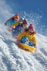 Cheerful child in winter clothes speeds down a snowy hill on a sled, spraying fresh snow. Pure joy and winter fun.