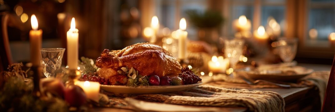 Golden roasted turkey with herb garnish and grapes on platter amid candles on festive table. Traditional Christmas dinner centerpiece, warm holiday feast abundance vibe.