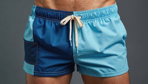 Man wearing blue swim shorts. Summer beachwear concept. Stylish apparel for vacation or active lifestyle. Comfortable design for sea or pool.
