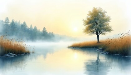 Watercolor illustration of tranquil lake landscape. Misty forest backdrop calm reflection on water. Lonely tree on the shore. Nature scenery art for sympathy cards or eco projects.