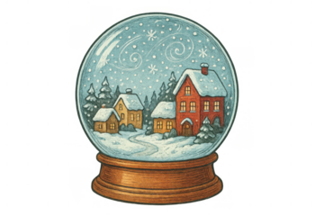 Snow globe illustrating a cozy christmas winter village scene with falling snow and festive homes, transparent background