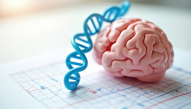 Biochemical research concept with human brain model, DNA helix on science chart. Represents genetic engineering, molecular biology, medicine, neuroscience. Scientific study of mind, heredity, health