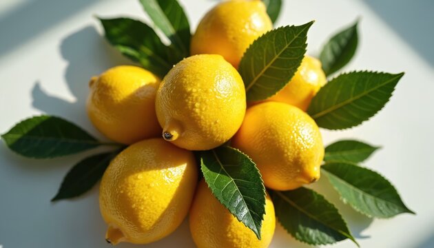 Cluster of ripe yellow lemons with green leaves and water droplets. Fresh citrus fruits arranged on white surface with natural light casting shadows. Healthy ingredients for cooking and drinks.