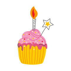 Cute birthday cupcake with pink cream, candle, and star decoration. Sweet dessert illustration for party, holiday, or greeting card design