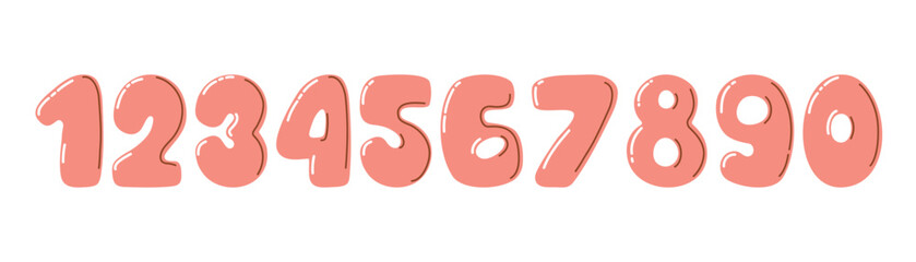 Set of cute cartoon numbers from 0 to 9 in pink color. Glossy balloon-style design. Fun and playful illustration for children, education, or decoration.