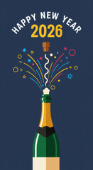 Champagne bottle pops with confetti for New Year 2026. Fun flat design illustration for a joyful celebration, perfect for greeting cards and party invitations.