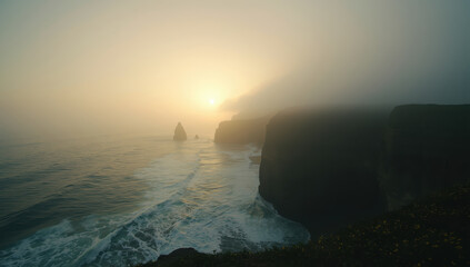 Dramatic coastal cliffs with misty sunrise light