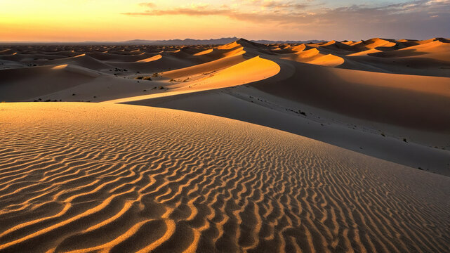 Sweeping sand dune patterns at golden hour - Powered by Adobe