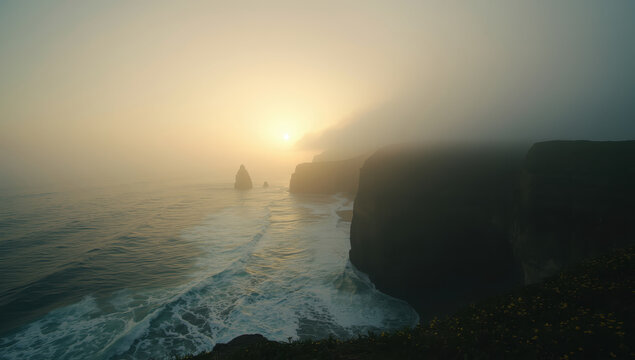 Dramatic coastal cliffs with misty sunrise light
