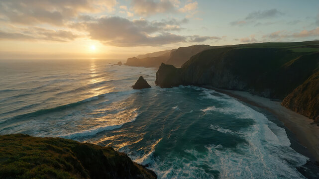 Panoramic coastal headland with crashing waves