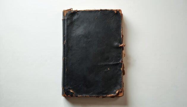 Old book with black leather cover on white surface. Aged pages and worn edges give retro feeling. Textbook or diary for reading or studies. The object is isolated.