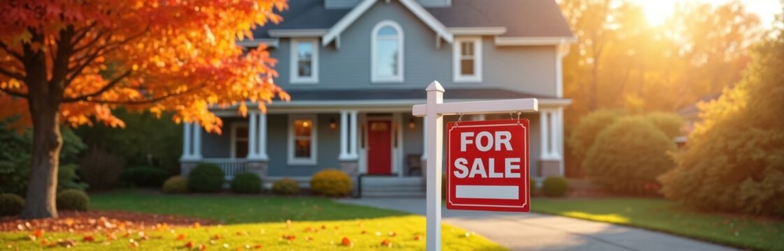 House for sale on autumn day. Real estate market sign in yard. Tree with orange leaves near home. Sun shines on residential property lawn. Buying or selling opportunity.