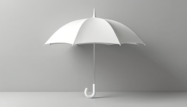 White three-dimensional umbrella mockup on grey surface. Realistic parasol design suitable for branding, advertising campaigns. Open structure offers versatile presentation options. Ideal for product