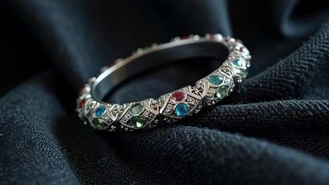 Elegant silver bangle bracelet adorned with colorful gemstones on dark fabric
