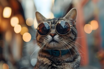 A stylish cat sports round sunglasses while sitting in a lively urban area. The background features soft, glowing lights and colorful buildings during the day, creating a vibrant atmosphere
