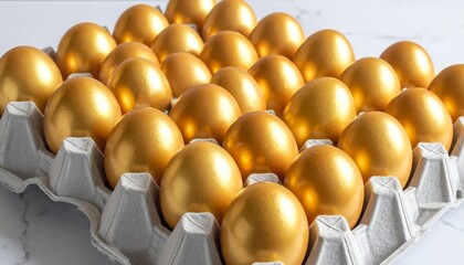 Obraz premium Egg carton filled with shiny golden eggs, symbolizing luxury, wealth, and creativity, presented in a simple yet striking composition.