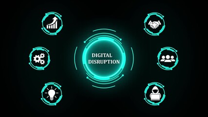 Digital disruption transformation innovation technology business internet concept. Hi tech motion graphic background, white flickering dots on background