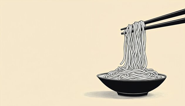 Chopsticks lift white noodles from black bowl. Minimalist food graphic illustration with Asian ramen pasta. Simple beige background, clean menu design. Perfect for food blogs, cookery, eatery