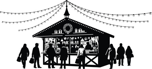 A bustling christmas market stall silhouette, filled with people, lights, and festive cheer for holidays
