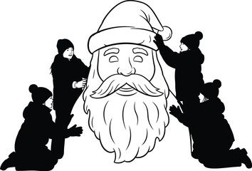 Group of children decorating a giant santa claus head, , perfect for christmas and holiday season designs