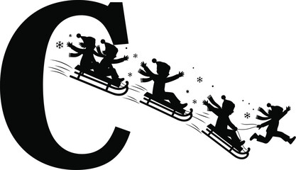 Silhouette of children sledding down a hill forming letter , winter fun and playful design for christmas