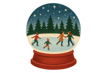 Snow globe with family ice skating on frozen rink among pine trees under starry winter night sky