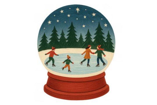 Snow globe with family ice skating on frozen rink among pine trees under starry winter night sky