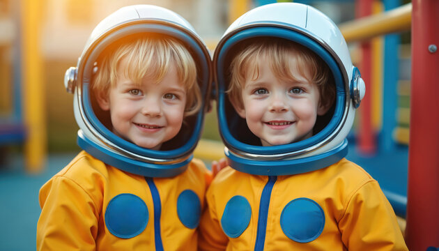 Two adorable children wear astronaut costumes. Happy smiling twin boys in space suits explore space. They have fun with each other at outdoor playground. Space travel concept.