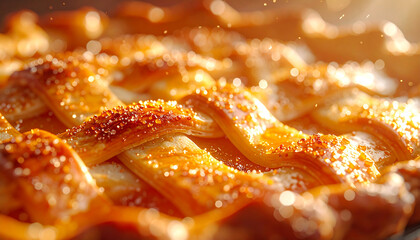 Golden Crust of Delight: A macro shot captures the artistry of a perfectly baked pie with a golden, lattice crust. A culinary masterpiece of warmth and texture.
